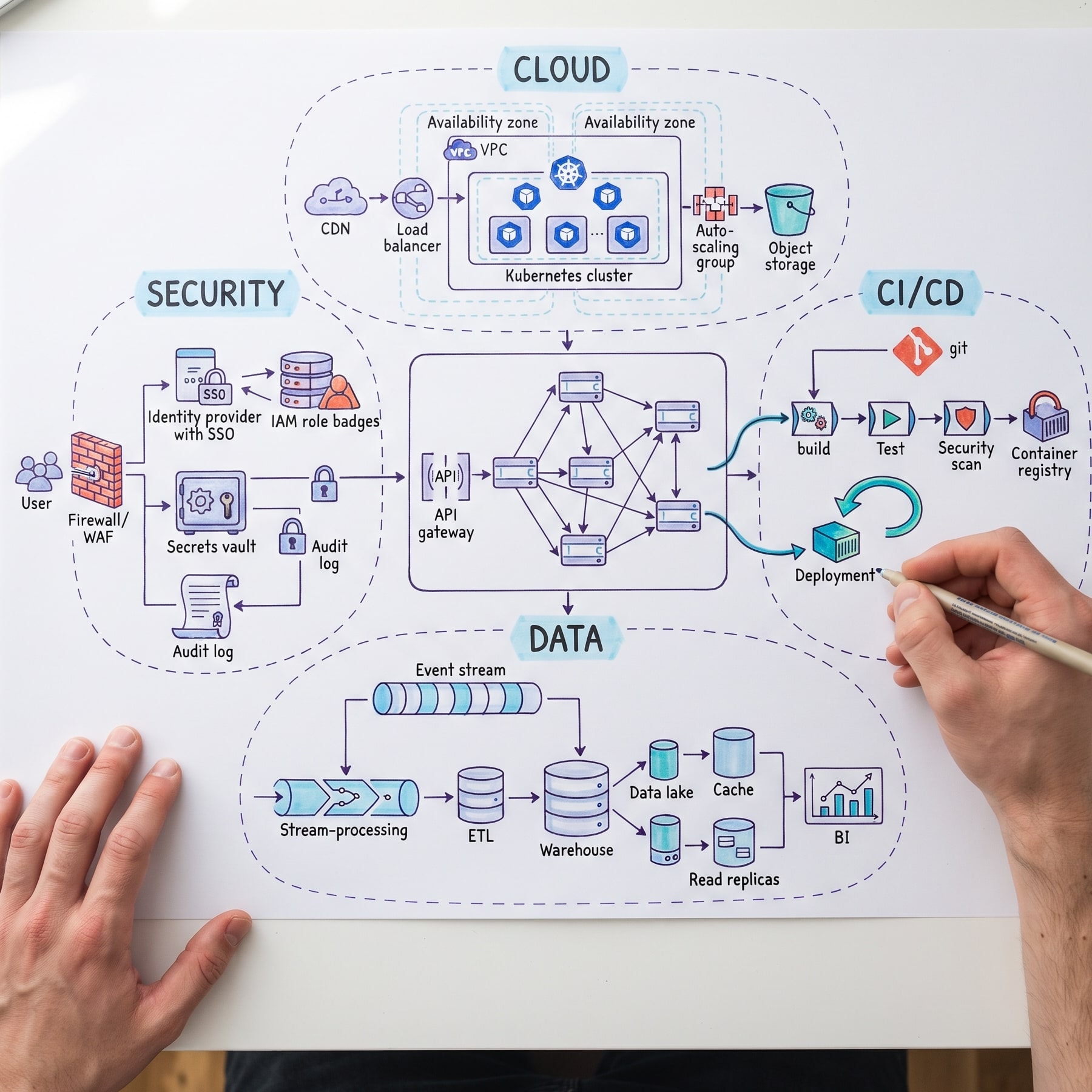 Hand-drawn cloud architecture diagram showing cloud, CI/CD, data and security layers